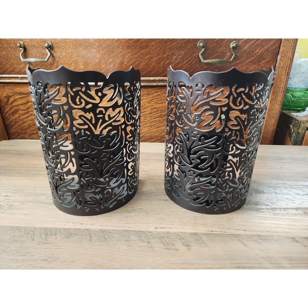 Pair Vintage Black Metal Floral Paisley Candle Lantern Holders 7"